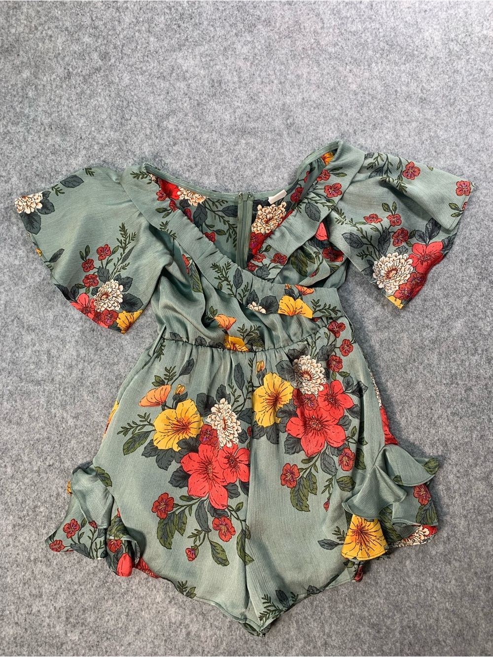 Selfie Leslie Green Floral Ruffle Romper with Red & Yellow Blooms